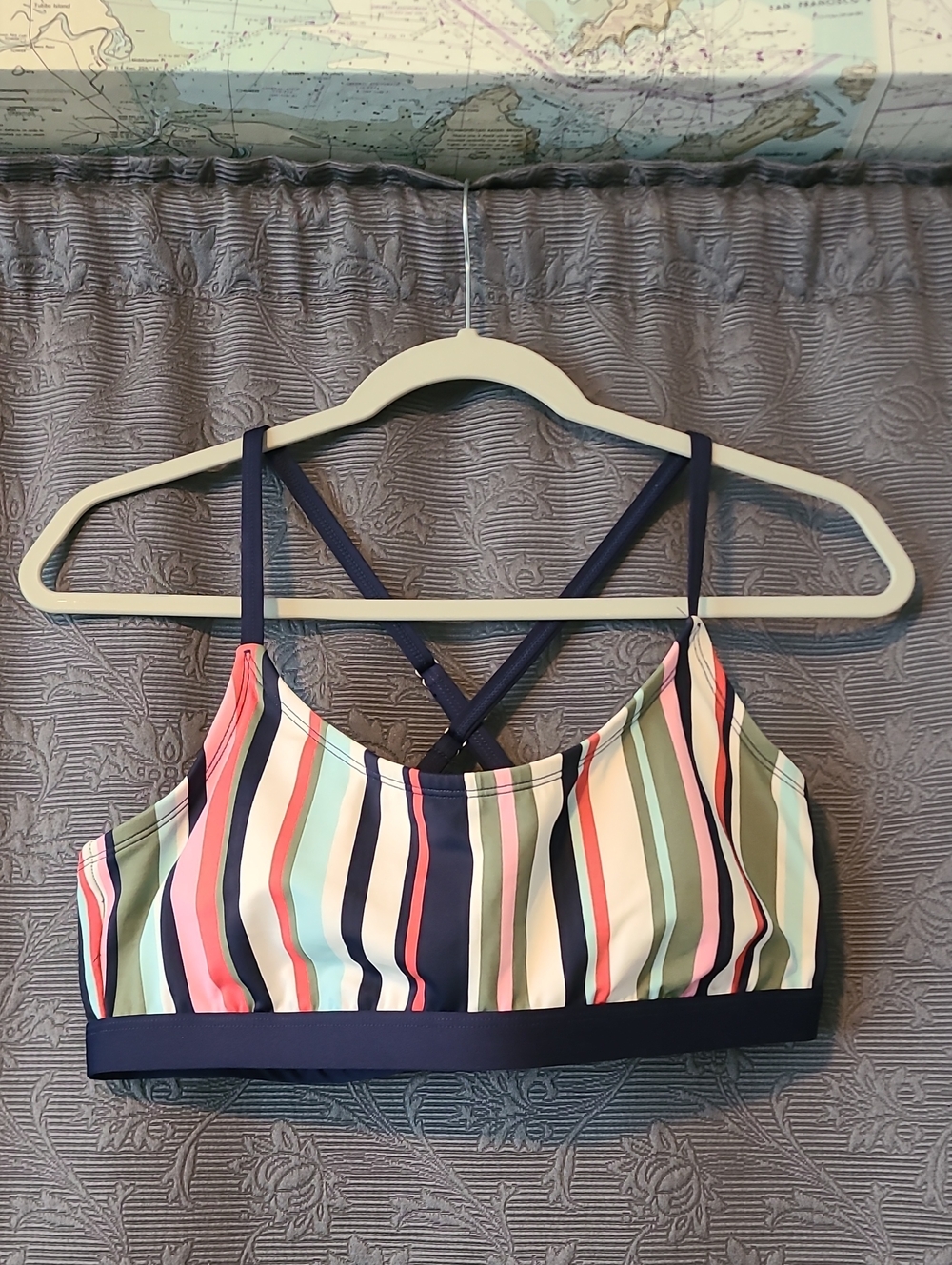 Kona Sol Multicolor Vertical Stripe Crossback Sports Bralette with Navy Band